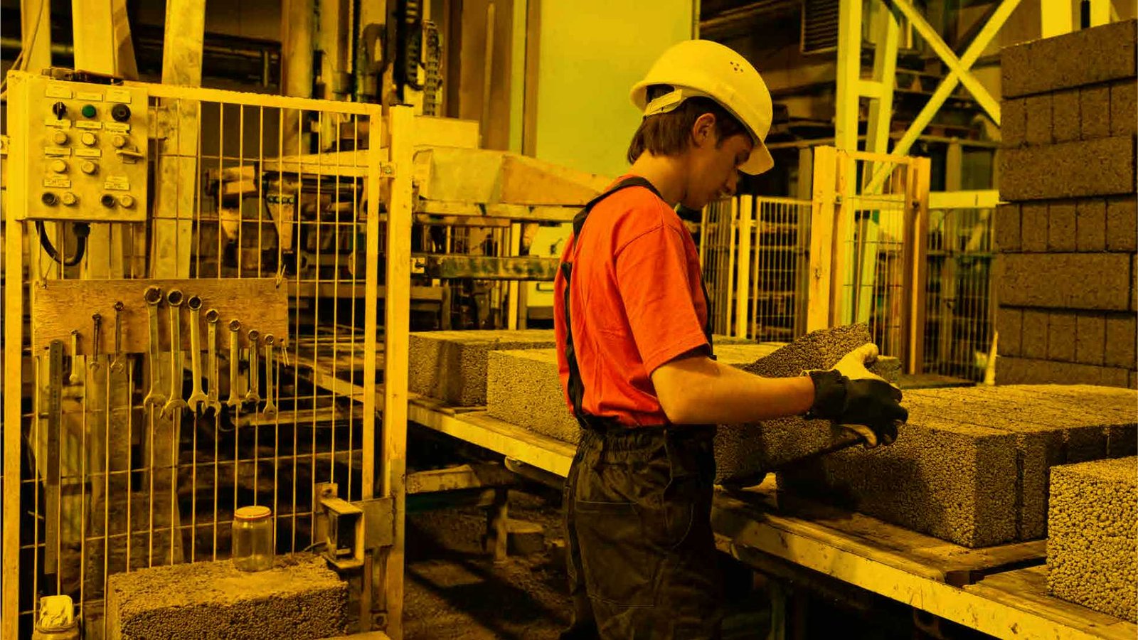 Persona operando fabrica de bloques